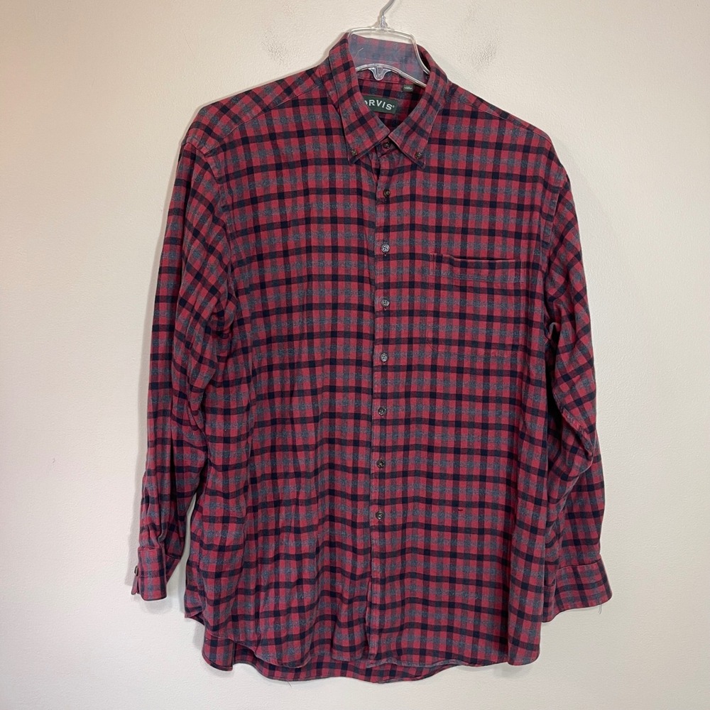 Orvis Mens XXL Red Black Buffalo Check Plaid Cotton Flannel Button Down Shirt